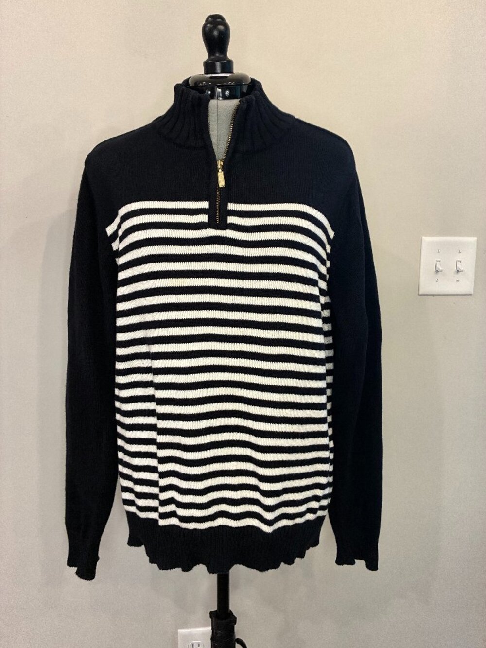 Karen Scott Black White Striped Quarter Zip 100% Cotton Sweater | Women's XL